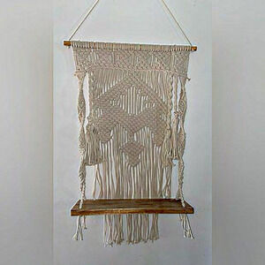 Wall Mounted Floating wood‎ Shelf Large cream boho Macrame Tapestry